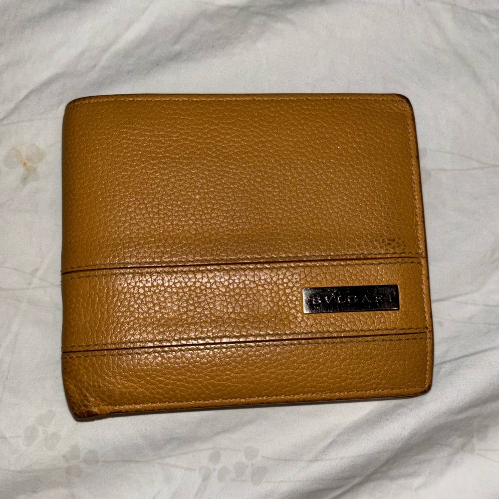Mens Mustard and Navy Bulgari genuine leather wallet. Used condition.